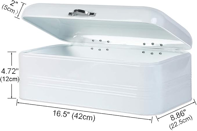 Brightalk Large Bread Box for Kitchen, Metal Bread Storage Bin with Lid, 16.3"x9"x6.7", White