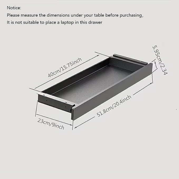 Under Desk Mounted Sliding Drawer to Pull Out, Attachable Desk Pencil Drawer with Ball-Bearing Slides, Metal and Plastic Storage Drawer (Black)