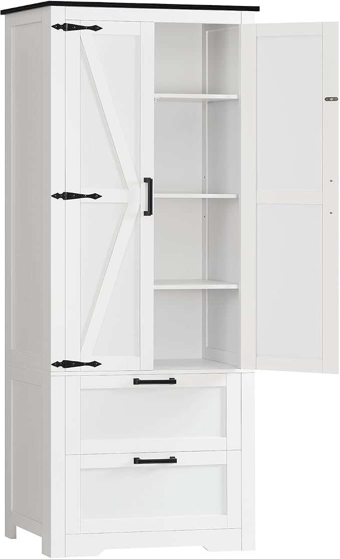 TEENFON 66.2" H Storage Cabinet with 2 Drawers, Farmhouse Kitchen Pantry Cabinet with 2 Doors & Adjustable Shelf, Bathroom Cabinet, for Living Room, Kitchen, Bathroom, White