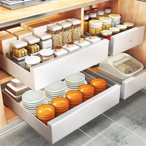 2 Pack Metal Pull Out Cabinet Organizer with Smooth Sliding Track, Removable Design for Easy Cleaning, No Drill Adhesive Slide Out Storage for Kitchen, Pantry, Bathroom Cabinets