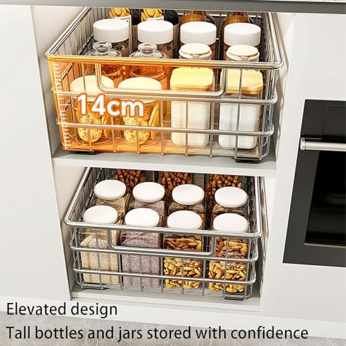1/2 Pack Stainless Steel Pull-Out Cabinet Organizer - No Drilling, Adhesive Installation, Silent Full-Extension Slides for Kitchen, Pantry, Bathroom Storage Solutions