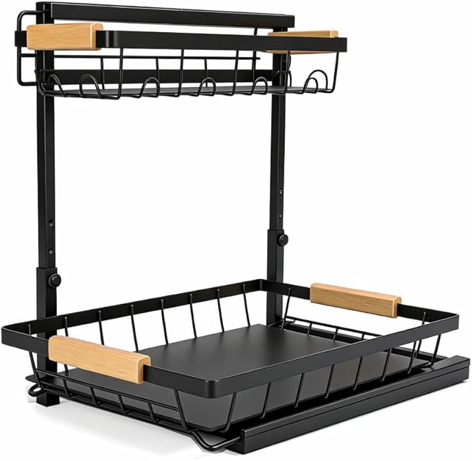 2-Tier Multi-Purpose Bathroom Under Sink Organizers and Storage, Black Adjustable Rack with Wooden Handles for Stackable Kitchen Pantry Organization