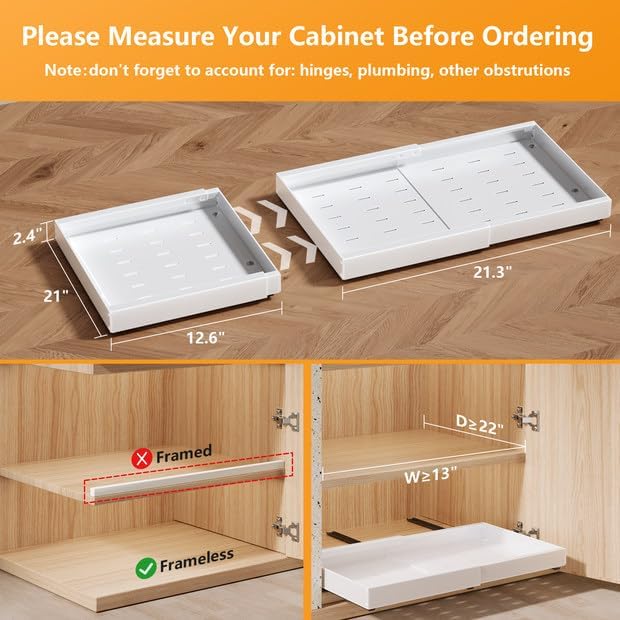Pull Out Cabinet Organizer 21" Deep 2 Pack Heavy Duty Expandable(12.6"-21.3") Pull Out Drawers for Cabinets with Adhesive Adjustable Slide Out Drawers Roll Out Shelves for Kitchen Pantry Bathroom