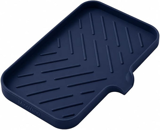 MicoYang Silicone Soap Dish with Drain Spout — Self-Draining Sink Organizer Tray for Bathroom & Kitchen, Sponges, Dispensers & Soap Holder, Non-Slip & Dishwasher Safe, Navy Blue (Medium, 9.6"×5.3")