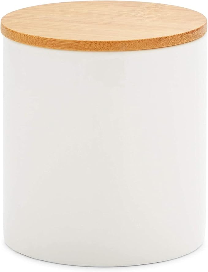 Farmlyn Creek White Ceramic Canisters - Coffee Canisters with Airtight Wood Lids - Countertop Coffee Tea Sugar Container Set - Flour & Sugar Storage Containers - 3 Pack, 4x4x5.9/4x4x4.9/4x4x3.9 in