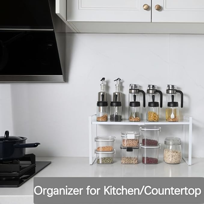 Expandable Cabinet Shelf Organizer Riser for Kitchen Pantry Cupboard Under Sink Countertop (white, 8.2’’D * 12.2-21.6’’W * 10.4’’H)
