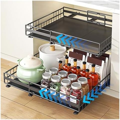 2 Pack Adjustable Pull Out Cabinet Organizer - No Drilling, Easy Adhesive Installation, Expandable Slide Out Drawers for Kitchen Cabinets, Enhanced with 3 Slide Rails for Smooth Operation