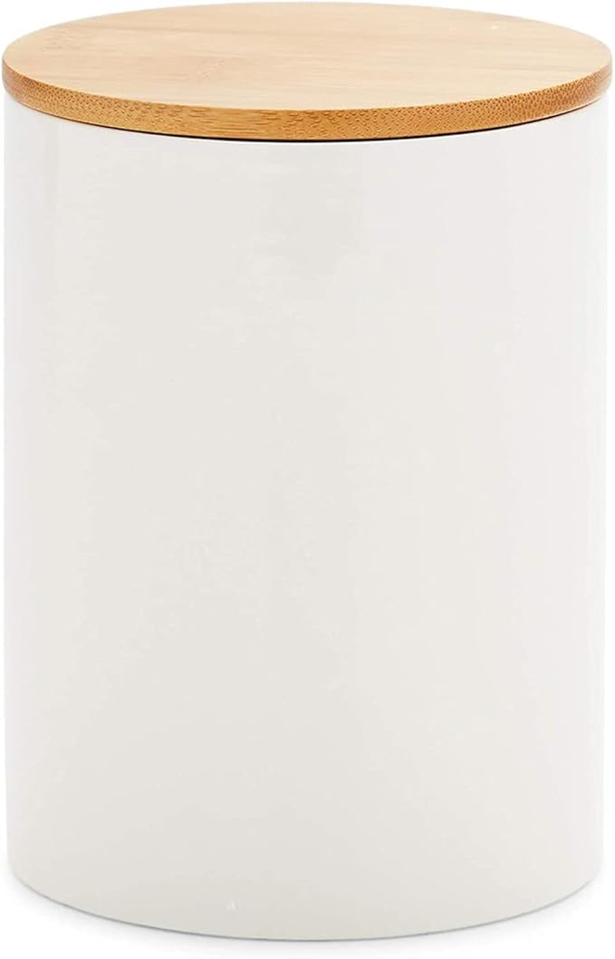 Farmlyn Creek White Ceramic Canisters - Coffee Canisters with Airtight Wood Lids - Countertop Coffee Tea Sugar Container Set - Flour & Sugar Storage Containers - 3 Pack, 4x4x5.9/4x4x4.9/4x4x3.9 in