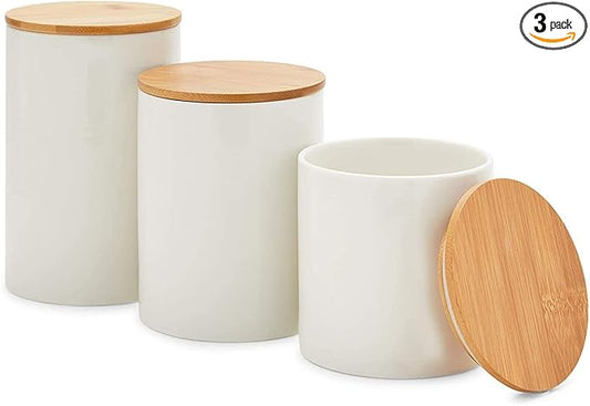 Farmlyn Creek White Ceramic Canisters - Coffee Canisters with Airtight Wood Lids - Countertop Coffee Tea Sugar Container Set - Flour & Sugar Storage Containers - 3 Pack, 4x4x5.9/4x4x4.9/4x4x3.9 in