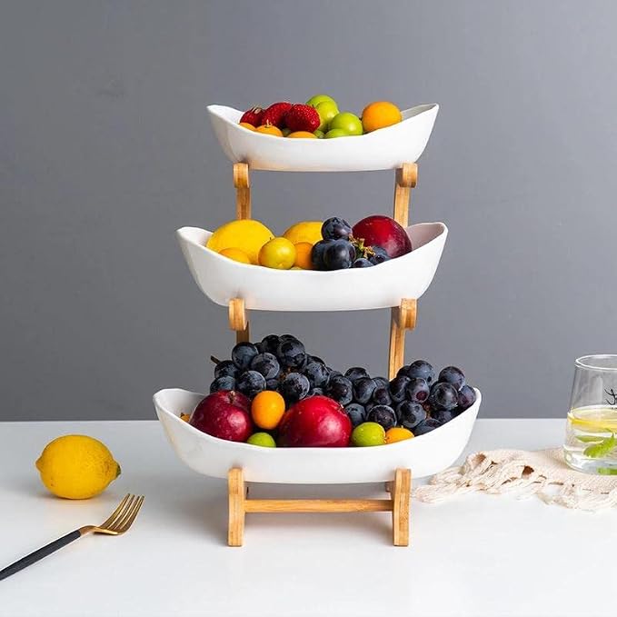 3 Tier Fruit Bowl With Bamboo Stand for Kitchen Counter,Ceramic Fruit Basket Large Capacity for Fruit Vegetable Storage,Snack Dessert Cake Tray Plate Rack for Party Wedding (White)