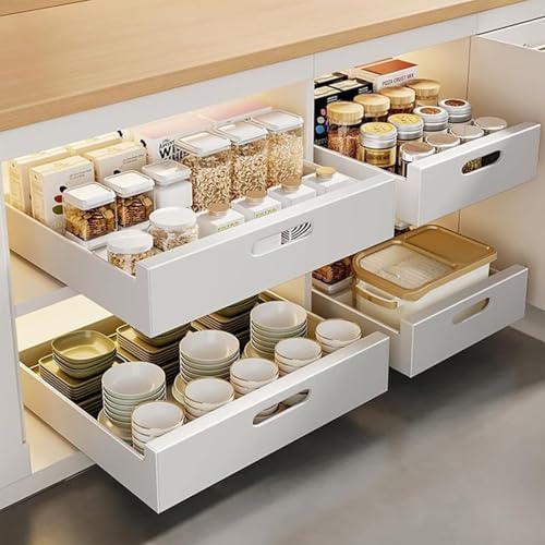 2PCS Heavy Duty Pull Out Cabinet Shelves - Drill-Free Slide Out Storage Drawers for Kitchen & Bathroom - 40cm Black Solution，White 25cm