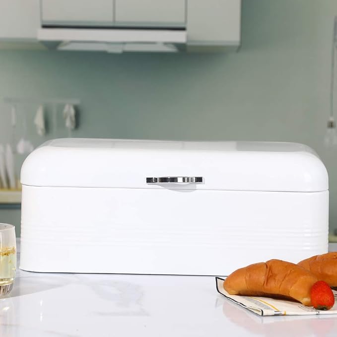 Brightalk Large Bread Box for Kitchen, Metal Bread Storage Bin with Lid, 16.3"x9"x6.7", White