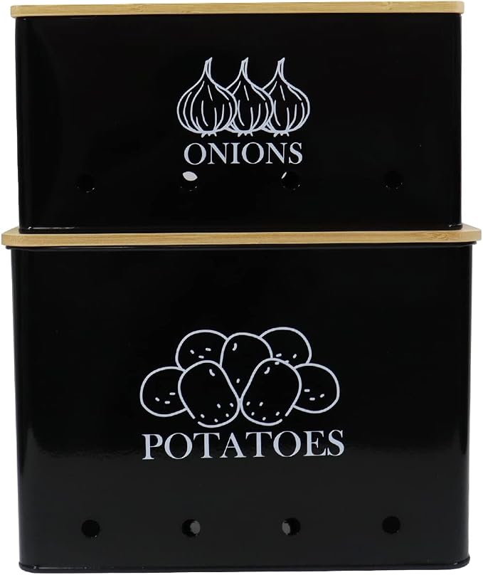 Potato and Onion Storage Bin Set of 2, Vented Metal Vegetable Storage with Wooden Lids, Farmhouse Kitchen Canisters for Countertop Pantry Organizer, Potato Bin Onion Holder for Produce Storage, Black