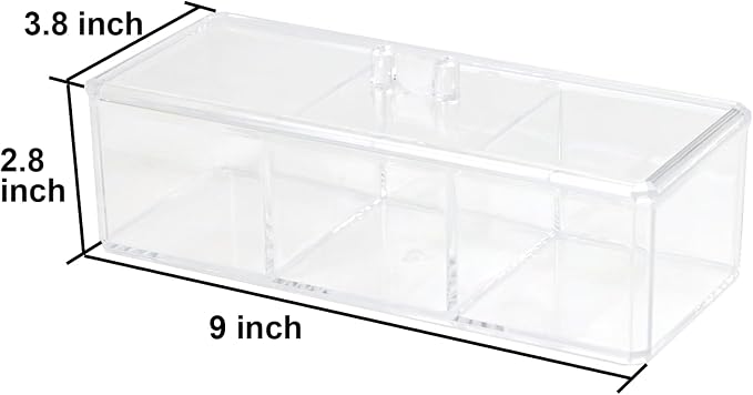 ZEXALOR Clear Bathroom Dresser Organizer - Cotton Ball Swab Holder with 3 Divided Compartments&Lid, , Waterproof Transparent Small Plastic Storage Containers, Vanity Makeup Organization