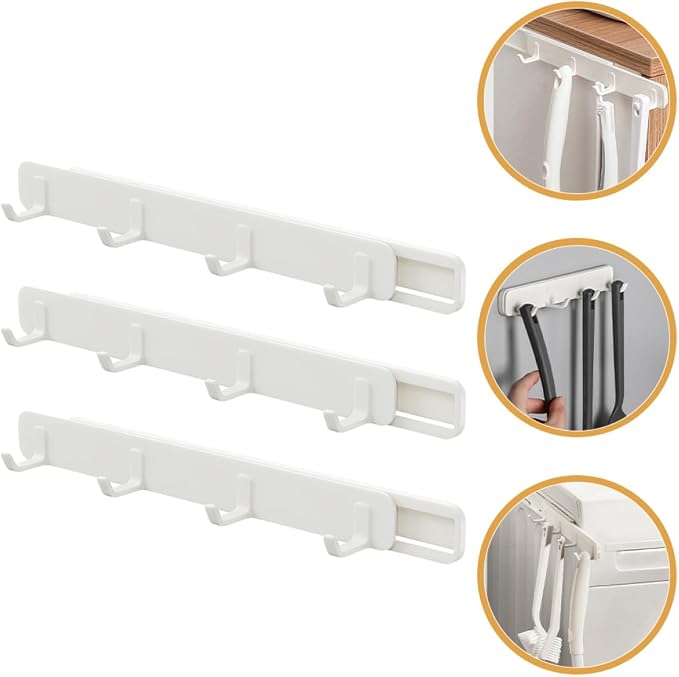 Mobestech 3Pcs Retractable Sliding Hooks with Rail Adjustable Kitchen and Bathroom Coat Rack Full Extension Storage Organizer for Closet and Laundry Room