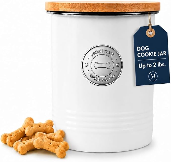 Dog Treat Container Airtight with Bamboo Lid - Premium White Metal Jar for Countertop Storage, 6.4 Cup Capacity, Easy to Open - Decorative Dog Cookie Jar for Kitchen Counter