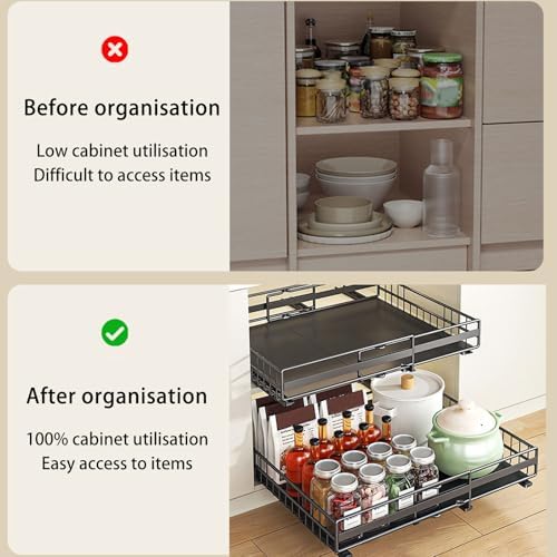 Expandable Pull Out Cabinet Organizer (31-51cm) - Slide Out Drawer with 3 Rails, Easy Adhesive/Screw Installation, No Drill Roll Out Shelves for Kitchen Storage.