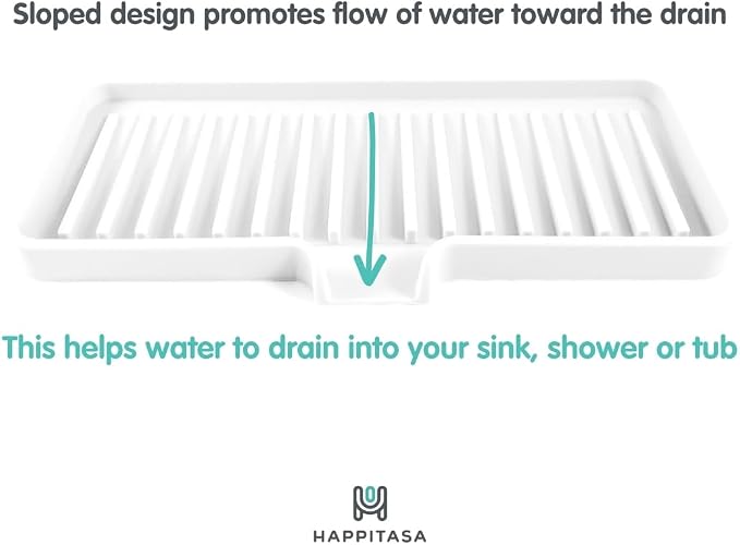 Silicone Soap Dish Tray and Sponge Holder with Drain Chute, Rectangular, Kitchen and Bathroom Sink Organizer (White, 9"x3.5")