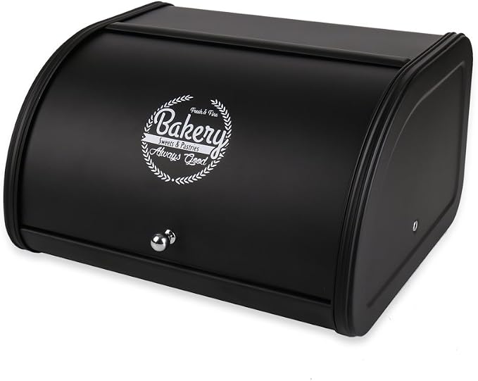 Home by Jackie Inc X458 Black Metal Bread Box/Bin/kitchen Storage Containers with Roll Top Lid (Black)