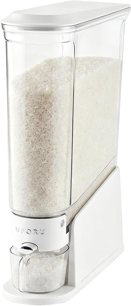 UFORU Rice Dispenser 22Lbs, Slim Rice Storage Container for Small Space, BPA-Free Clear Dry Food Dispenser Sealed Moisture Proof, Grain&Cereal Storage Bucket for Kitchen Pantry Household, White