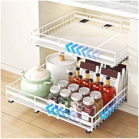 2 Pack Adjustable Pull Out Cabinet Organizer - No Drill Adhesive Installation, Expandable Slide Out Drawers for Kitchen Cabinets, Upgraded 3 Slide Rails for Easy Access