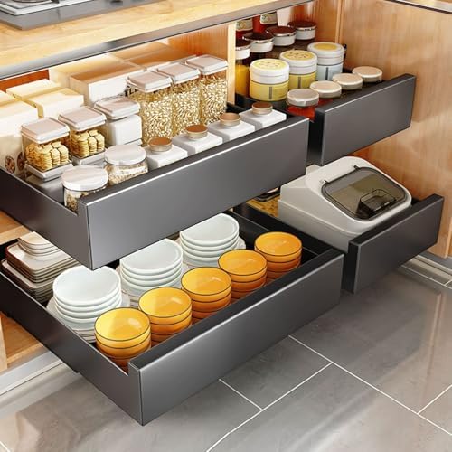 2 Pack Metal Slide-Out Cabinet Organizer with Smooth Track, Removable Design for Easy Cleaning, No Drill Adhesive, Ideal for Kitchen, Pantry, Bathroom Storage