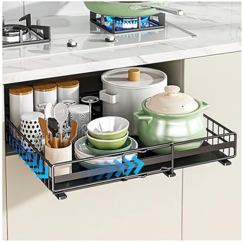 Expandable Pull-Out Cabinet Organizer (31-51cm) with 3 Slide Rails, No-Drill Roll-Out Shelves, Adhesive or Screw Fixing for Kitchen Storage Solutions.