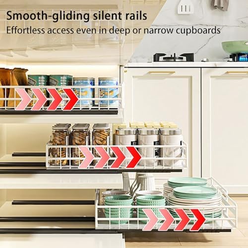 Expandable Pull Out Cabinet Organizer (31-51cm) - Slide Out Drawer with 3 Rails, Easy Adhesive/Screw Installation, No Drill Roll Out Shelves for Kitchen Storage.