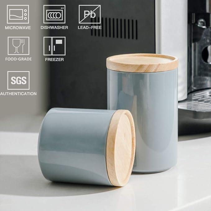 Sweejar Kitchen Canisters Ceramic Food Storage Jar, Stackable Containers with Airtight Seal Wooden Lid for Serving Ground Coffee, Tea, Sugar, Salt and More - 16 Fl Oz (Gray)