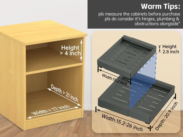 4 Pack Pull Out Cabinet Organizer for Pots and Pans, Upgraded 3-Slide Rail System with Adhesive Pads, Expandable Width (15.2"-26.2") Fits 21" Deep Framed/Frameless Cabinets, Gray Slide-Out Shelves