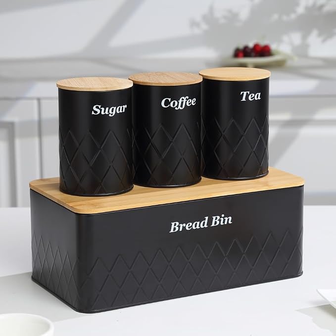 Black Bread Box for Kitchen Countertop, Coffee Tea Sugar Container with Bamboo Lid(1 Bread Bin & 3 Canisters)