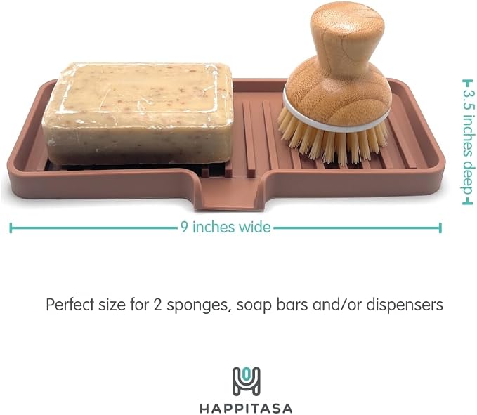 Silicone Soap Dish Tray and Sponge Holder with Drain Chute, Rectangular, Kitchen and Bathroom Sink Organizer (Vanilla Cream, 9"x3.5")