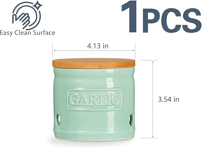 ONEMORE Garlic Keeper for Counter, Garlic Holder Countertop Storage Container, Garlic Saver Keeper with Lid, Ceramic Garlic Jar for Kitchen, Mint Green