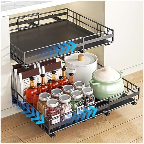 Expandable Pull-Out Cabinet Organizer (31-51cm) - Slide-Out Drawers with 3 Rails, Easy Install with Adhesive or Screws, No-Drill Roll-Out Shelves for Kitchen Storage