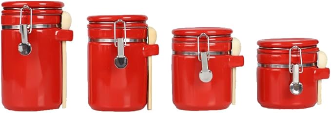 Canister Sets For The Kitchen (4 Piece Set) Red, High Gloss Ceramic | By Home Basics | Decorative | With Wooden Spoons, Countertop Set For Flour, Sugar, Coffee, and Snacks