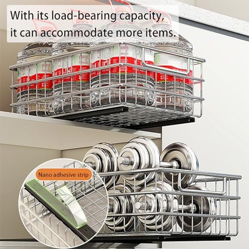 2 Pack Stainless Steel Pull Out Cabinet Organizer - No Drilling, Adhesive Installation, Silent Full Extension Slides for Kitchen, Pantry, Bathroom Storage Solutions