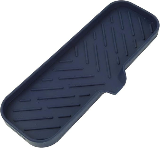 MicoYang Silicone Soap Dish with Drain Spout — Self-Draining Double Sink Organizer Tray for Kitchen & Bathroom, Dispensers, Sponges & Soap Holder, Non-Slip & Dishwasher Safe, Navy Blue (Large, 12"×4")
