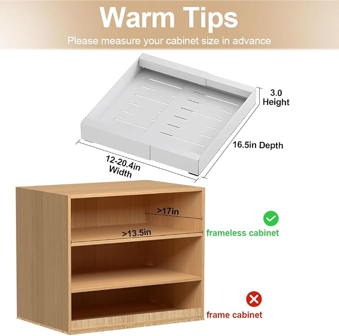 Pull out Cabinet Organizer, Expandable(12"-20") Heavy Duty Slide out Drawers Fixed with Adhesive Nano Film for Pots, Roll out Drawers for Kitchen Cabinets Organization, Pantry, Bathroom