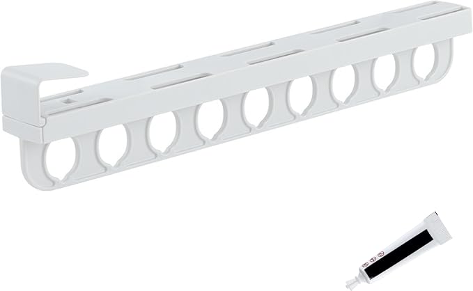Closet Valet Rod Slide Out, Plastic Pull Out Pants Rack with 9 Holes, No-Drill Space-Saving Organizer, Top Mount Telescopic Pants Rack, White