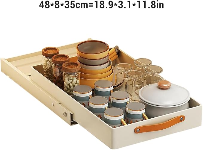 Pull Out Cabinet Organizer, Heavy Duty Slide Out Drawer, No Drill Pull Out Drawers, Sliding Pull-Out Pantry Shelves for For Cabinets, Roll out Shelf Storage for Kitchen Bathroom White（24cmW-48cmD）