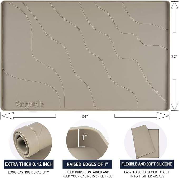 Heavy Duty Silicone Under Sink Mats for Kitchen Waterproof 22" x 22", Extra Thick Under Sink Rubber Mat Drip Tray, Raised Edge Under Sink Liner,Prevent Drips, Leaks, Spills,Brown
