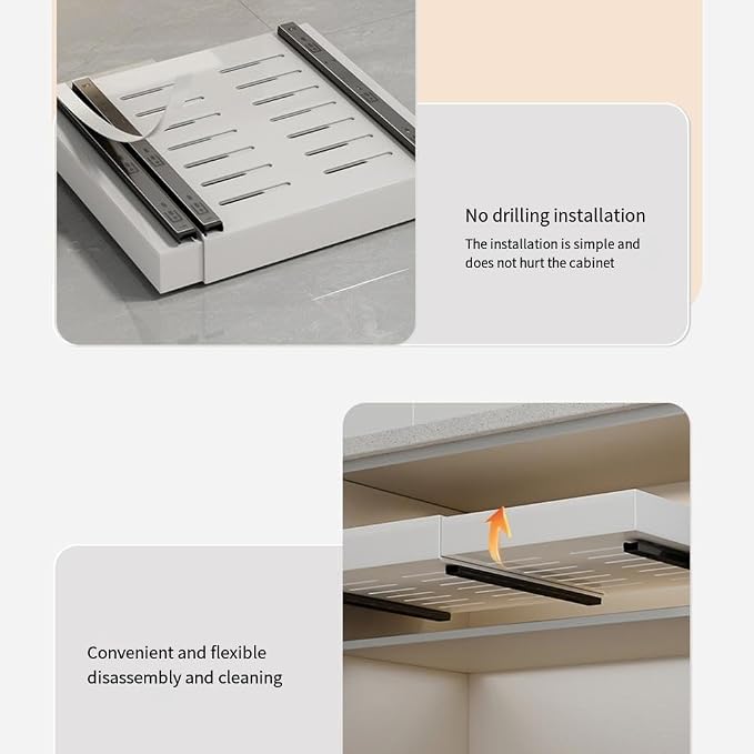 2 Pack No-Drill Pull Out Cabinet Organizer, Roll Out Sliding Storage Shelf, Slide-Out Base Cabinet Organizer for Kitchen Organization