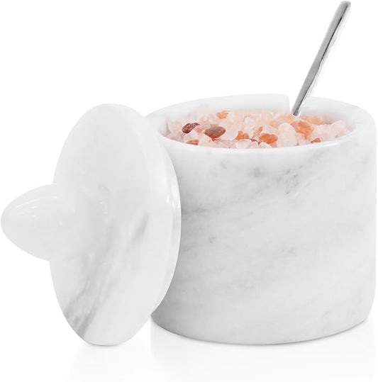 Marble Salt Cellar with Lid – White 4 Inch Table Salt Container, Salt Jar, Salt Dish, Salt Holder, Spice Jar, Sugar Bowl, Seasoning Container, Salt Dispenser for Kitchen Countertop