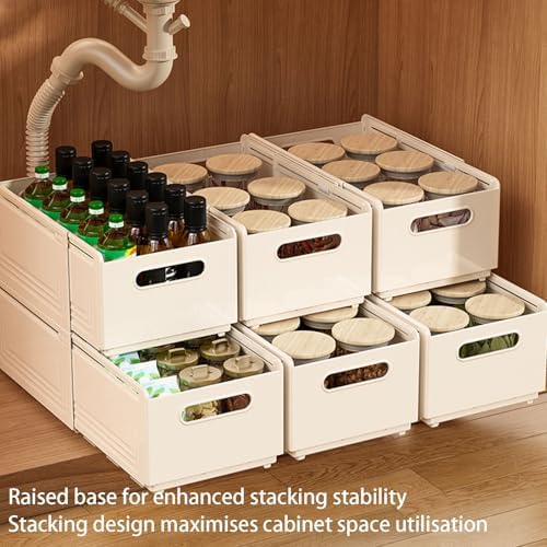 Extendable Pull-Out Cabinet Organizer, Depth Adjustable 28-48cm/11-19, Stackable Retractable Foldable Plastic Storage Bins - No Drilling, Ideal for Kitchen, Pantry & Bathroom