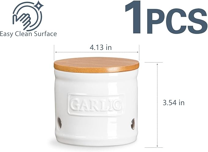 ONEMORE Garlic Keeper with Lid, Ceramic Garlic Saver 4 inch, White