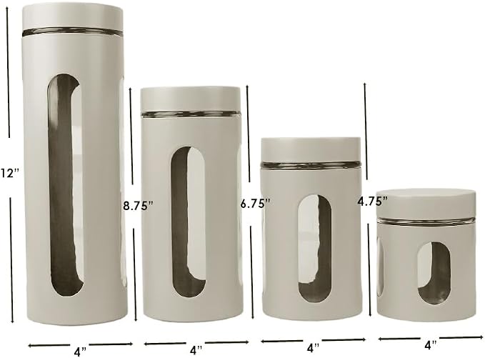 Retro Kitchen Canisters For Countertop (4 Piece Set) Grey By Home Basics - Glass with Metal Finish; See-Through Windows; Great For Flour, Coffee, Sugar, Dry Ingredients, Snacks