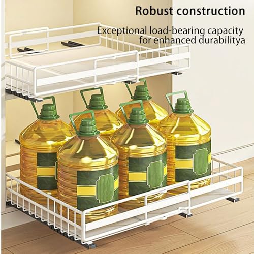 2 Pack Adjustable Pull Out Cabinet Organizer - No Drill Adhesive Installation, Expandable Slide Out Drawers for Kitchen Cabinets, Upgraded 3 Slide Rails for Easy Access