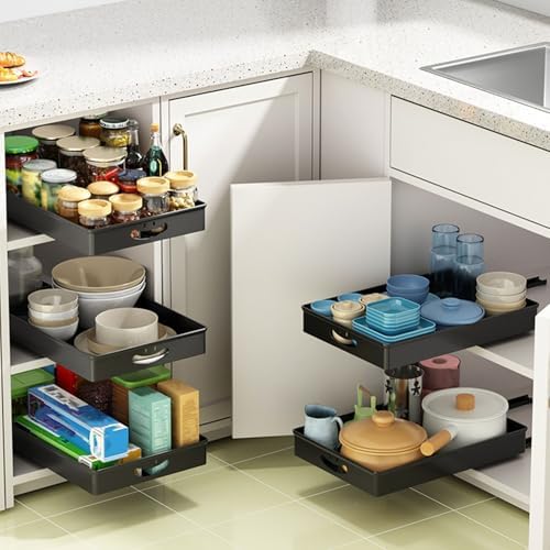 2 Pack Pull-Out Cabinet Organizers for Kitchen Base Units, Chrome-Plated Steel, No-Drill Design, Kitchen, Pantry & Bathroom Storage Solutions