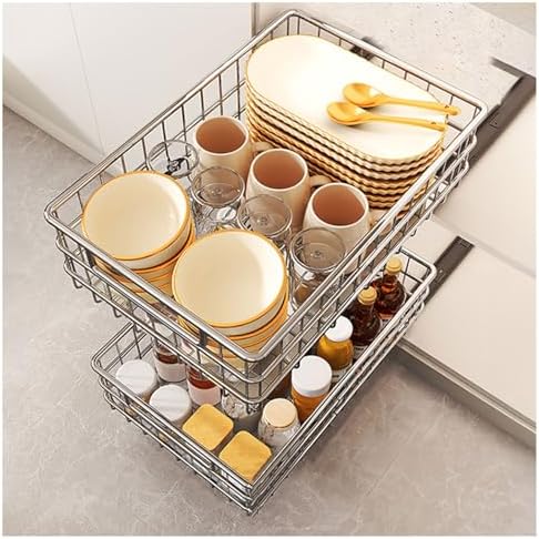 2 Pack Stainless Steel Pull Out Cabinet Organizer, No Drill Adhesive Storage Solution with Silent Full Extension Slides for Kitchen, Pantry, Bathroom Use
