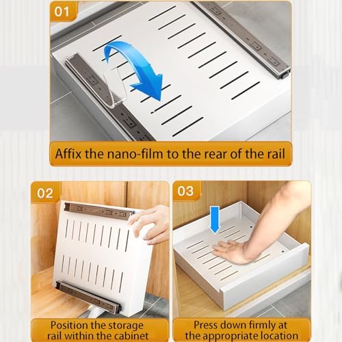 2 Pack Metal Slide-Out Cabinet Organizer with Smooth Track, Removable Design for Easy Cleaning, No Drill Adhesive, Ideal for Kitchen, Pantry, Bathroom Storage